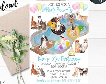 May include: A party invitation with a watercolor illustration of dogs and cats in a pool. The invitation reads "Join us for a Pool Paw-ty" and includes event details. The words "instant download" are at the top.