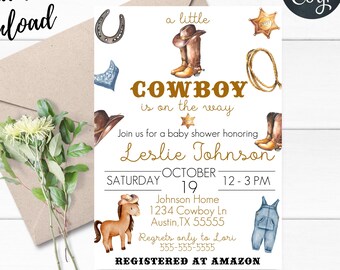 Little Cowboy Baby Shower Invitation,Cowboy Baby Shower Invitation,Wild West Shower,Western Baby Shower,Instant Download,Edit with Corjl