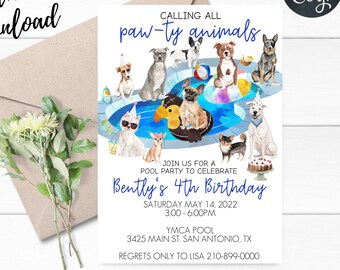 May include: A party invitation with watercolor illustrations of dogs in a pool. The invitation reads "Calling all paw-ty animals" and announces Bently's 4th birthday party. The words "instant download" are at the top.