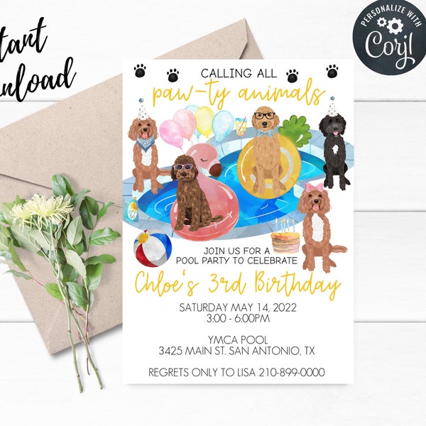 Doodle Dog Pool Party Invitation,Editable Dog Birthday Invitation,Birthday Party,Pool Party,Dog Party,Instant Download,Edit with Corjl