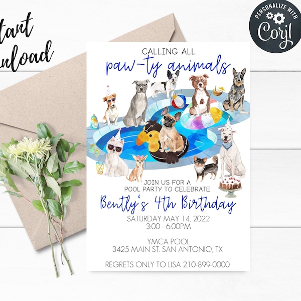 Pool Dog Party Invitation,Editable Dog Birthday Invitation,Birthday Party,Dog Breeds Pool Party,Dog Party,Instant Download,Edit with Corjl