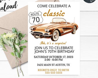 Vintage Corvette Birthday Invitation, Classic Car Theme (Instant Download, Editable Text)