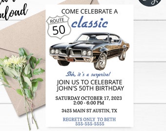 Classic Car Birthday Invitation,50th 60th 70th Birthday,Celebrate a Classic,Vintage Car Birthday,GTO Car,InstantDownload,Corjl