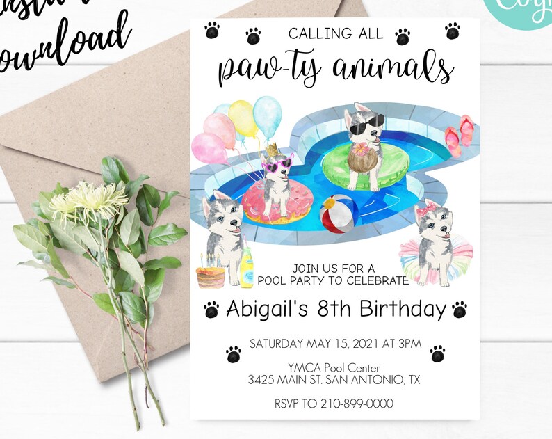 Huskies Pawty Animals Pool PartyEditable Dog Birthday InvitationBirthday PartyHuskies Pool PartyInstant downloadEdit