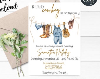 Cowboy babyshoweruitnodiging, thema wilde westen (direct downloaden)