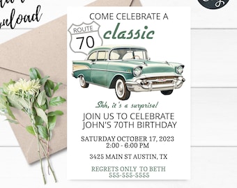May include: A vintage-style invitation for a 70th birthday party. The invitation features a green car with a Route 70 sign and the text "Come Celebrate a Classic". The invitation also includes the date, time, and location of the party, as well as a request for regrets to be sent to Beth.