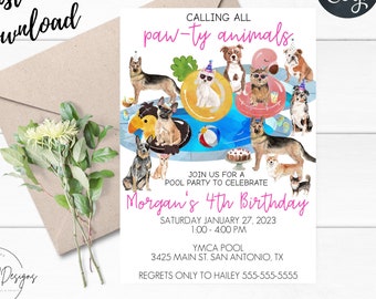 May include: A party invitation with the text "Calling all paw-ty animals" and "Morgan's 4th Birthday". The invitation features watercolor illustrations of dogs in a pool, with the words "instant download" at the top.