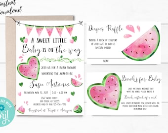 Watermelon Baby Shower Bundle Invitation,Watermelon Invitation,Baby Shower,Gender Neutral Baby Shower,Instant Download,Edit with Corjl