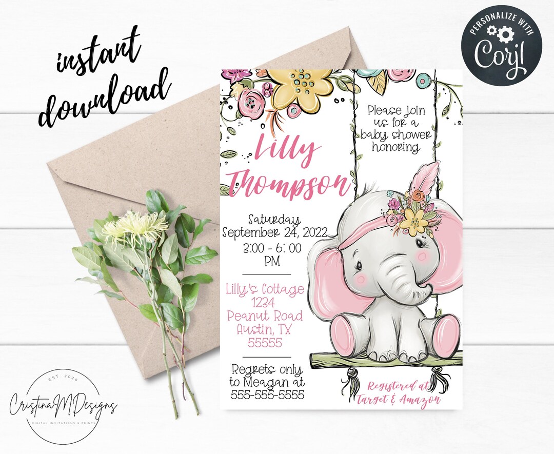 Editable Pink Elephant Baby Shower Invitation,girl Baby Shower,pink ...