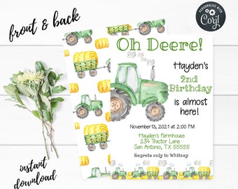 Green Tractor Birthday Invitation, Farm Party, Editable Template (Digital Download )