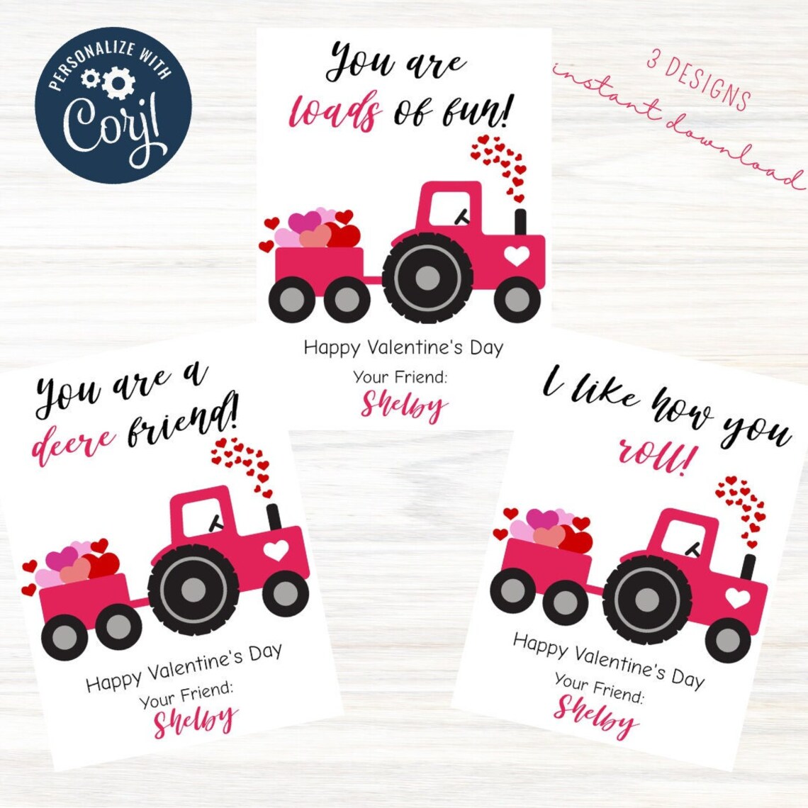 Editable Valentine Cards,pink Tractor Valentines,kids Valentine Cards ...