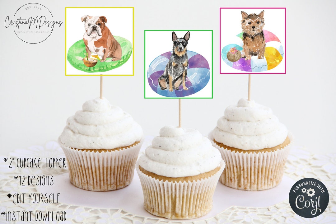 Dog Party Cupcake Toppers,calling All Pawty Animals,mixed Dogs Cupcake Topper,pool Party,dog ...