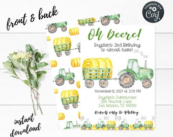 Green Tractor Birthday Invitation, Farm Party, Editable Template (Instant Download)
