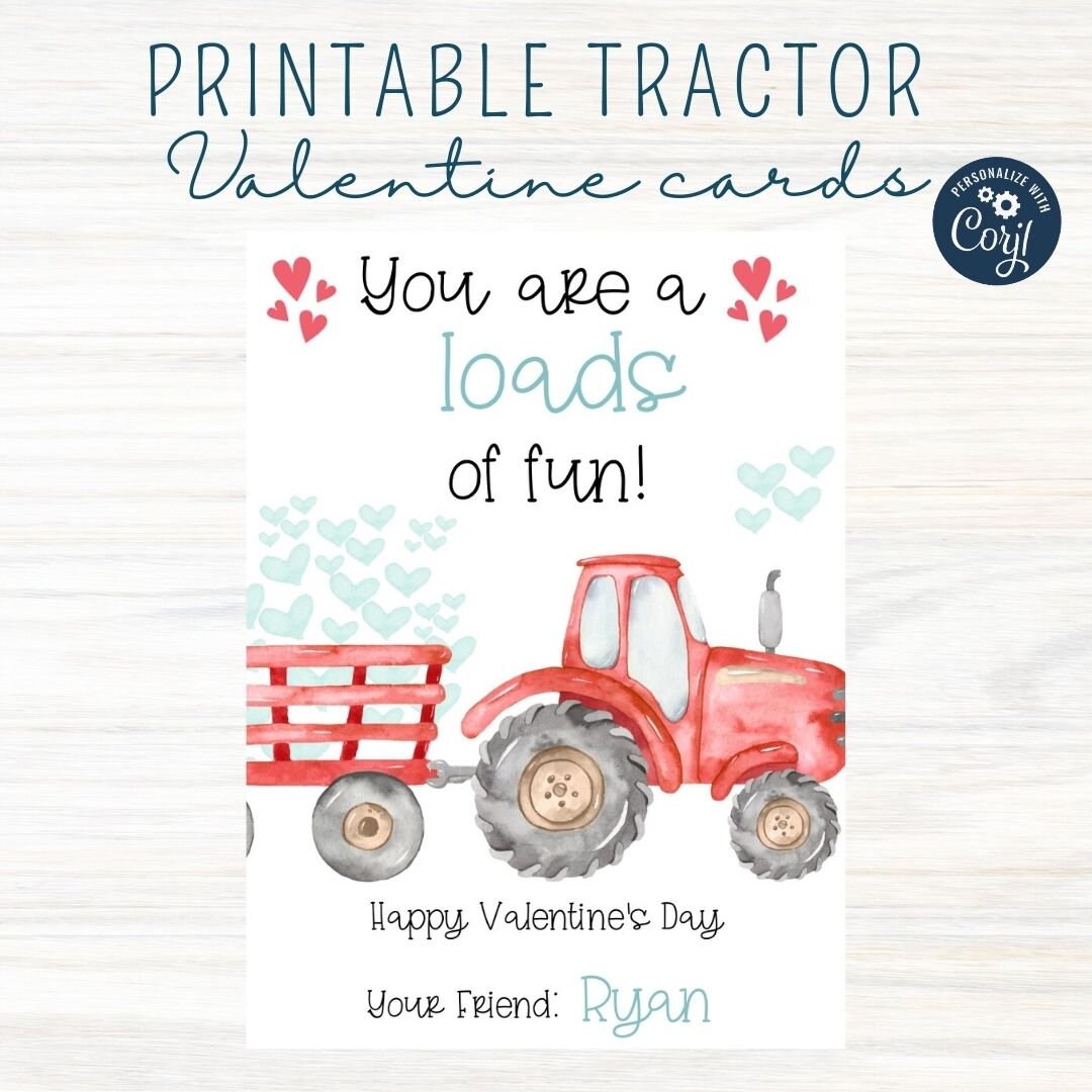 Printable Tractor Valentine Cards tractor Valentines kids Valentine Cards red Tractor Valentine