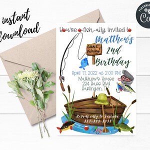 May include: A blue and green fishing-themed birthday invitation for a 2nd birthday party. The invitation features a cartoon fishing rod, a boat, and a fish. The text on the invitation reads "You're fish-ally invited to Matthew's 2nd Birthday".
