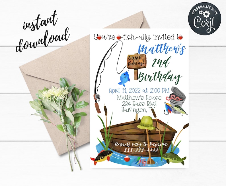 May include: A blue and green fishing-themed birthday invitation for a 2nd birthday party. The invitation features a cartoon fishing rod, a boat, and a fish. The text on the invitation reads "You're fish-ally invited to Matthew's 2nd Birthday".