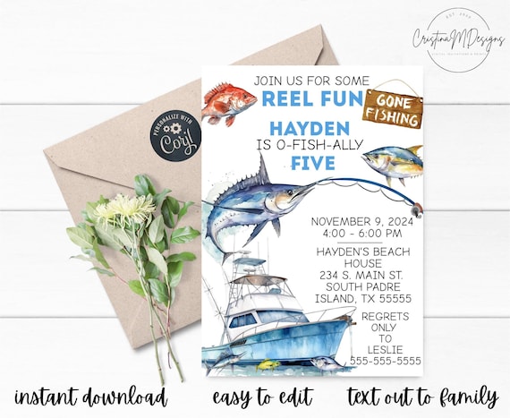 Deep Sea Fishing Birthday Invitation,Boy Birthday,Salt Water Fishing,Fishing Party,Marlin Party,Editable Invitation,Corjl,Instant Download