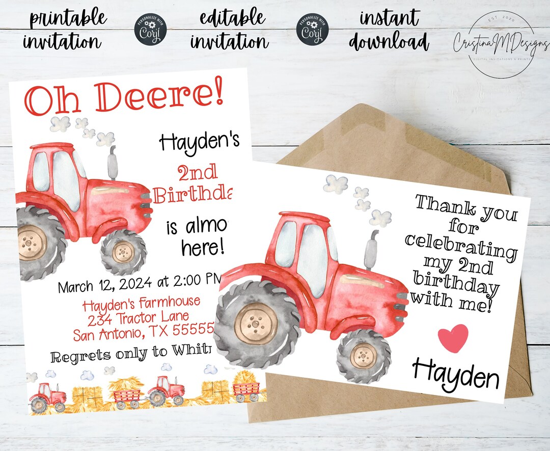 Red Tractor Birthday Invitation Bundle, Farm Thank You Card (digital ...