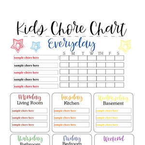 May include: A printable chore chart for kids with a colorful design. The chart includes a daily section for each day of the week and a section for each room in the house. The chart is titled "Kids Chore Chart Everyday".