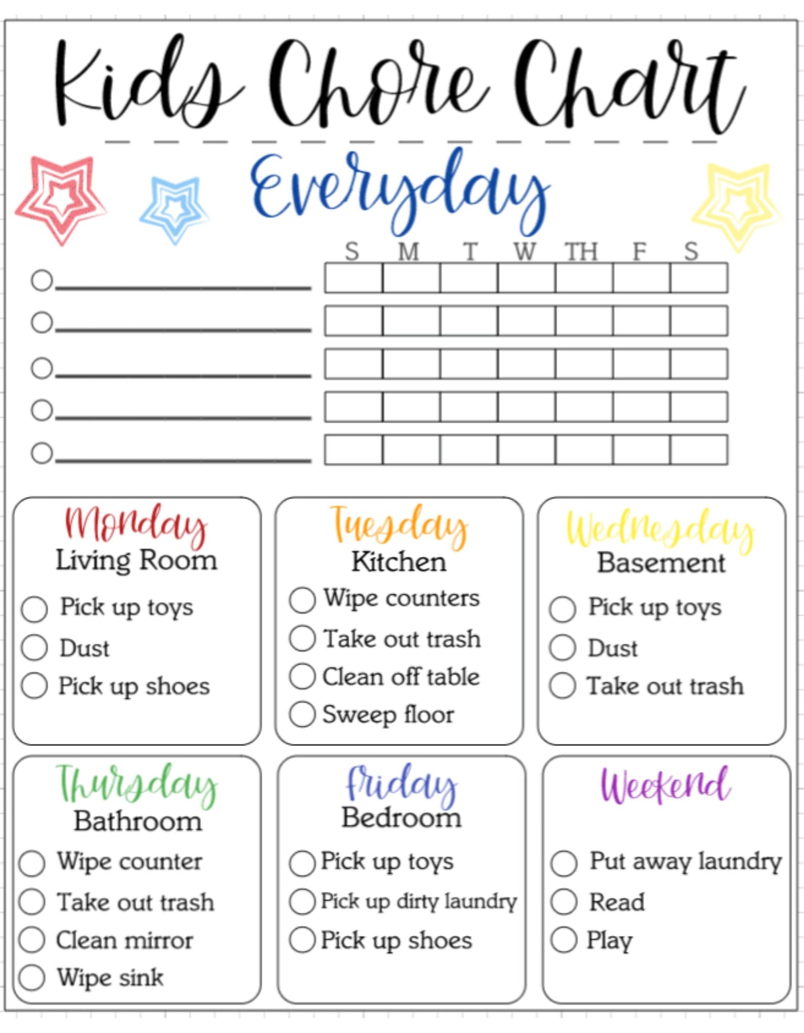Younger kid s chore chart digital download etsy