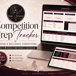 May include: A laptop and tablet displaying a competition prep tracker. The tracker is designed for bikini and wellness competitors. The image includes the text "Competition Prep Tracker" and "Instant Download."