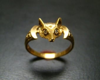 Adorable 14K Gold Fox ring with Diamond eyes