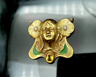 Vintage 14K Gold Enamel Art Nouveau style pendant