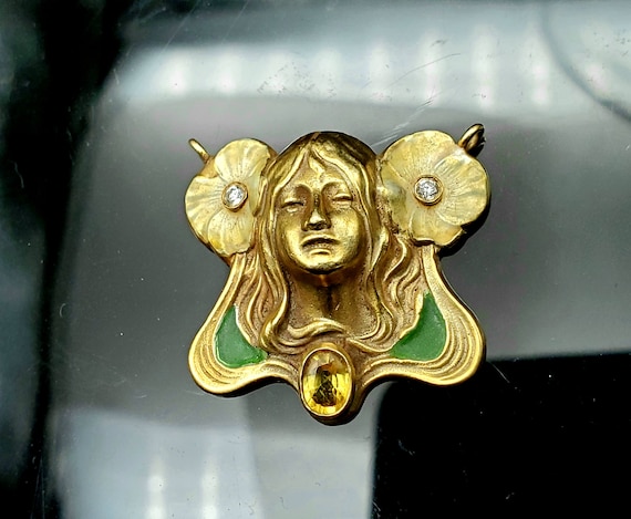 Vintage 14K Gold Enamel Art Nouveau style pendant - image 1