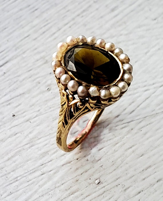 14K Gold Antique Tourmaline and Pearl ring - image 1