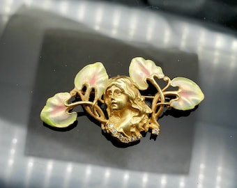Vintage 18K Gold Art Nouveau Style Enamel Brooch