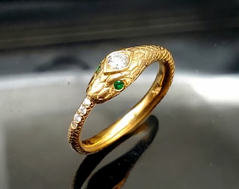 Gorgeous 14K Gold Ouroboros Snake Ring with Diamonds and Emeralds