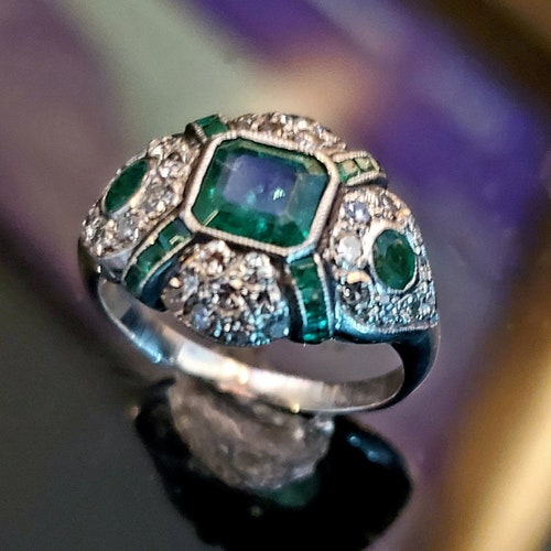 Art Deco Engagement Ring Emerald Mine Cut Diamond Vintage - Etsy