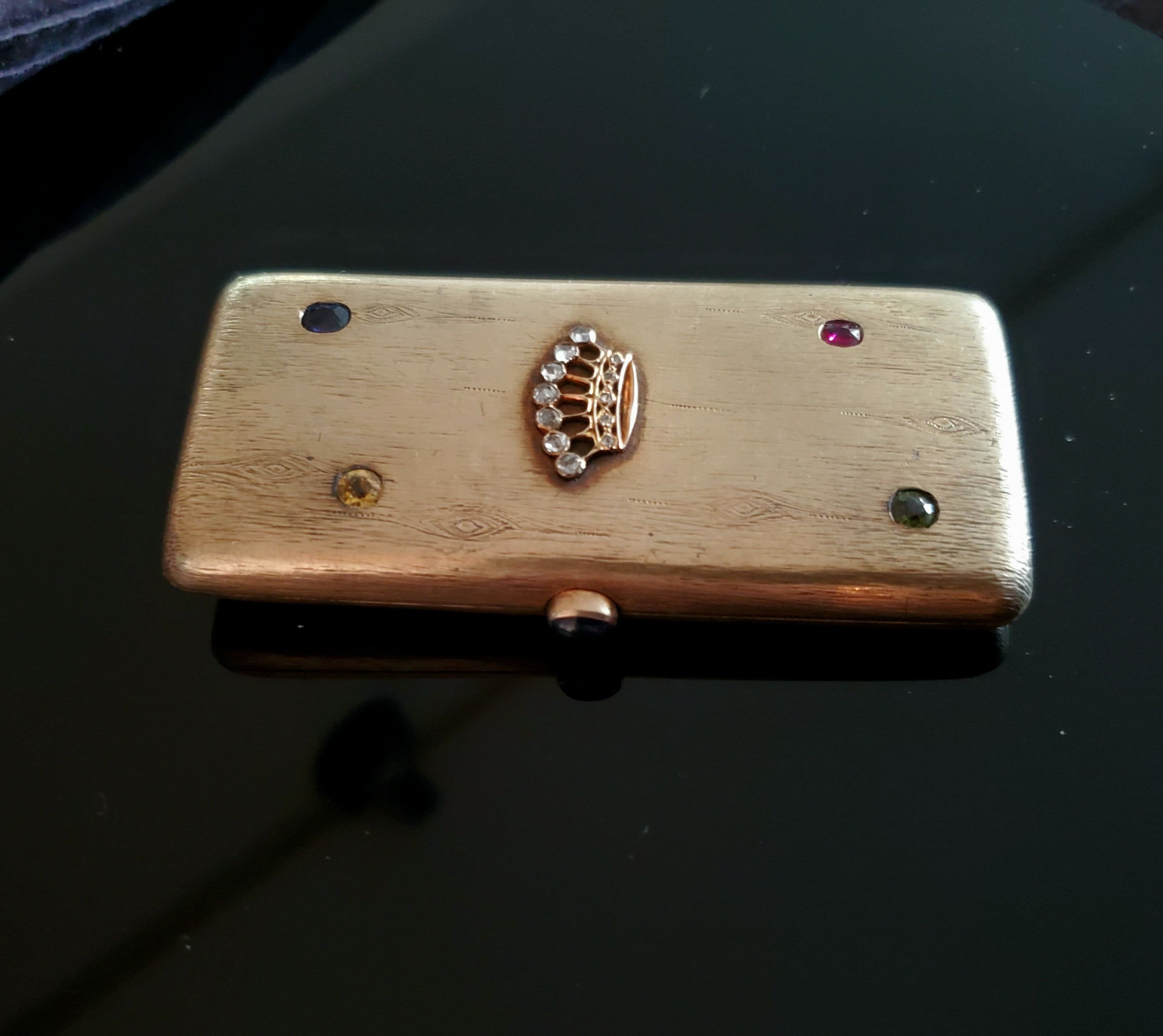 Antique 14k Gold Cigarette Case, Rose Diamond Crown, Sapphire Latch