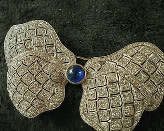 Exquisite Vintage 18K White Gold Diamond and Sapphire Bow Brooch
