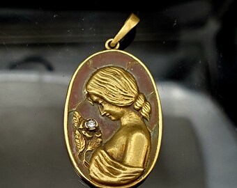 Vintage 14K Gold Plique a Jour Diamond Pendant, Art Nouveau Style