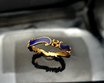 14K Gold Blue Enamel Ring - Art Nouveau Band