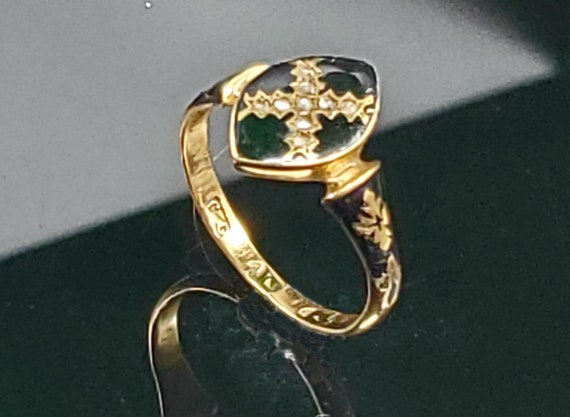 Antique 18k gold enamel and diamond memorial ring - image 1