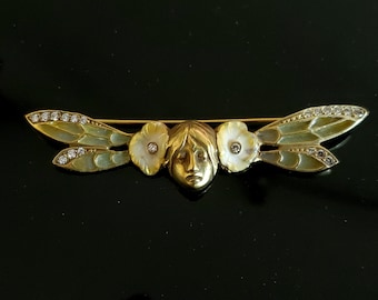 Unique Vintage 18K Gold Plique a Jour Lady Face Brooch