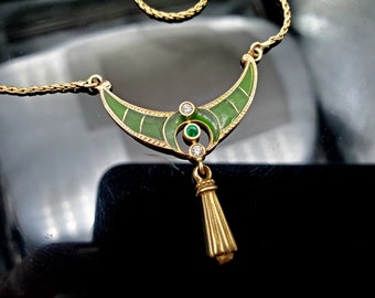 Unique Art Nouveau Style 14K Gold Plique a Jour Necklace