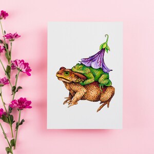 Amis crapauds câlins mignons, carte de voeux chapeau fleur pensée violette, papeterie sur le thème du jardin, adorable carte de correspondance animal avec enveloppe blanche