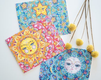 Celestial Greeting Card Pack, Sun Moon and Stars Stationary, Solar Note Cards With White Envelopes