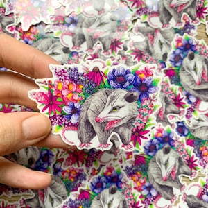 Die Cut Opossum Aufkleber, Blumenstrauß Wetterfester Vinyl-Aufkleber