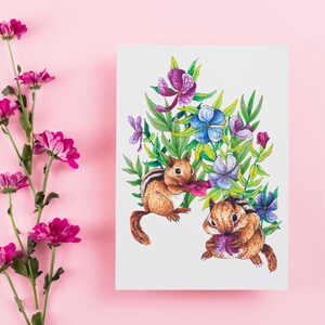 Amis mignons Tamia, carte de voeux fleur de pensée violette, papeterie sur le thème du jardin, adorable carte de correspondance animal avec enveloppe blanche