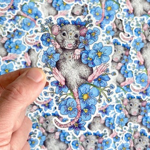 Sticker rat découpé, souris grise à fleurs bleues, autocollant en vinyle lavable au lave-vaisselle