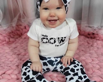 2 Pc Cow Print Flare Pants and Bow Headwrap Set, Baby Bell Bottoms, Toddler Bell Bottoms, Cow Print Baby Pants, Baby Flare Pants and Bow Set