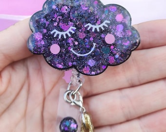Black Cloud Badge Reel: Happy Glitter Cloud with Lightning Bolt Charms | ID Badge Holder | Nurse Gift | Nurse Badge Holder | Cute Badge