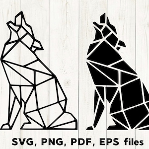 May include: Two black and white geometric wolf illustrations. The wolf on the left is outlined in black and filled in with white. The wolf on the right is filled in with black. Both wolves are howling with their mouths open.