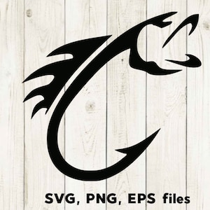 Pode incluir: Silhueta preta e branca de um anzol com uma cabeça de peixe no topo. O anzol é curvo e tem uma ponta afiada. A cabeça do peixe está aberta e tem uma barbatana no lado. A imagem está sobre um fundo de madeira branca. Arquivos SVG, PNG, EPS.