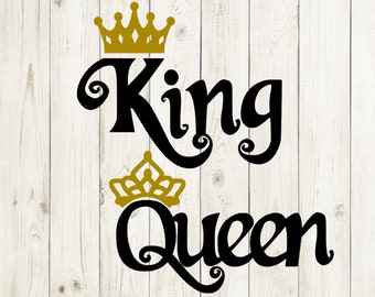 May include: Black and gold graphic design with the words "King" and "Queen" in a stylized font. The words are topped with gold crowns.