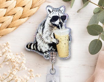 Funny Raccoon Badge Reel | Meme Badge Reel | Trash Panda Drinking | Medical ID Badge Nurse Teacher Office | Gift for Nurse Rectractable Clip